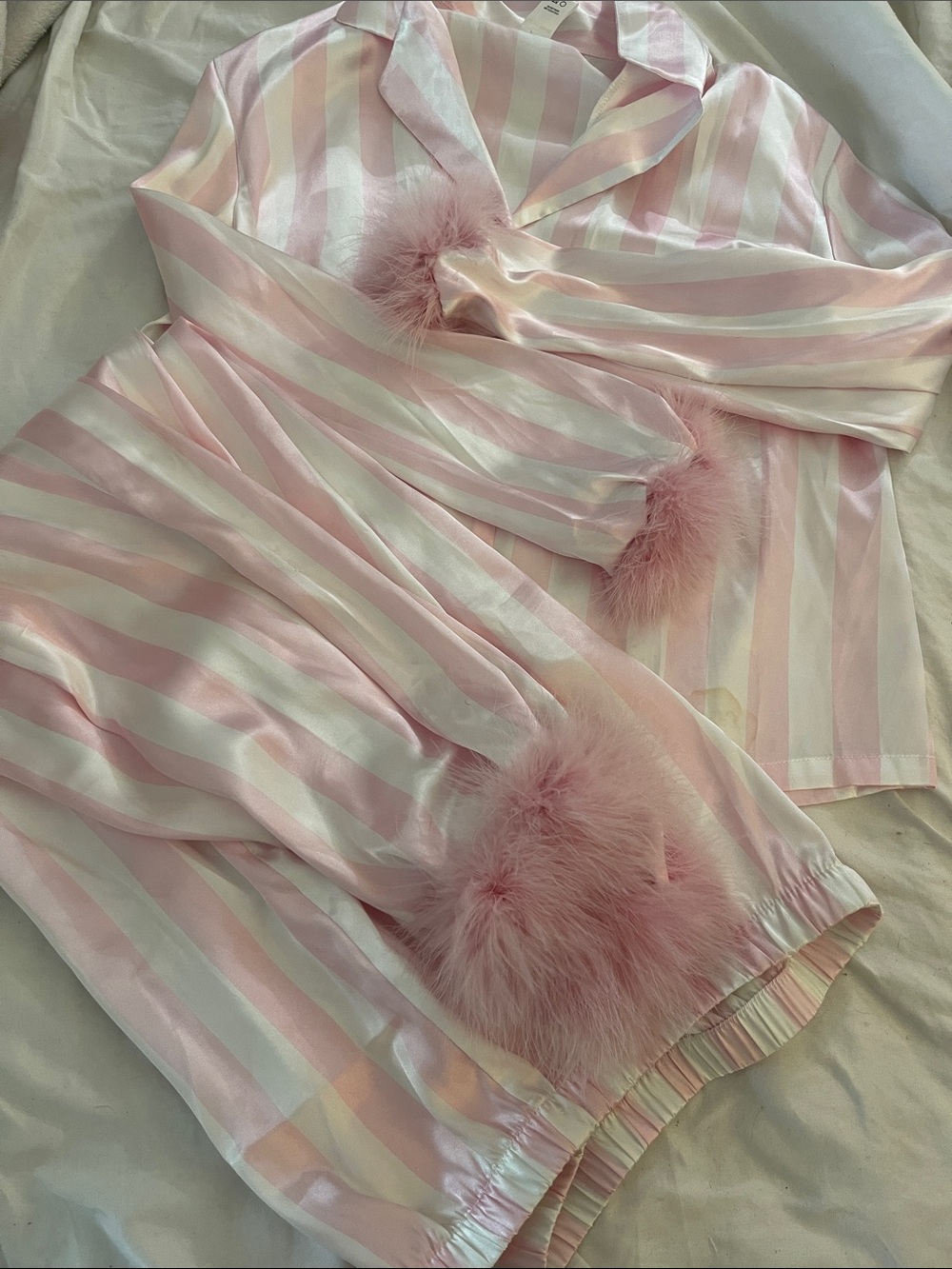 Linea Donatella Pink and White Satin Stripe Pajama Set with Feather Pom Trim